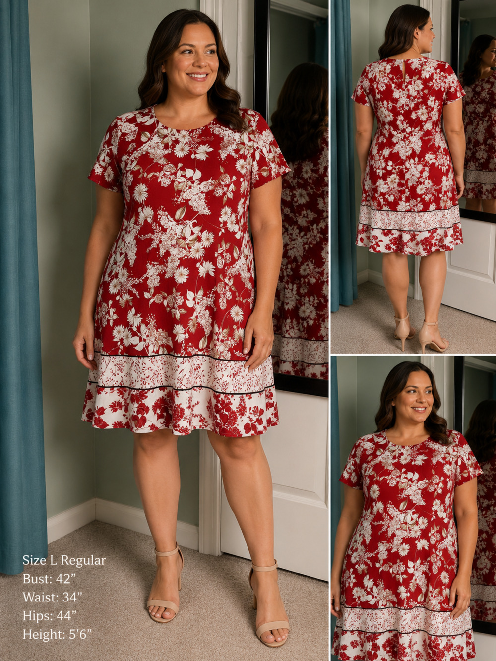 J Jill Wearever Collection L Red Floral Shift Dress Cottagecore Romantic Midi